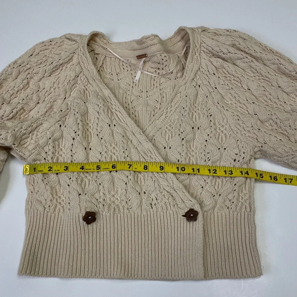 Free People Cream Pointelle Cable Knit Wrap Cardigan XS Puff Sleeve Cropped